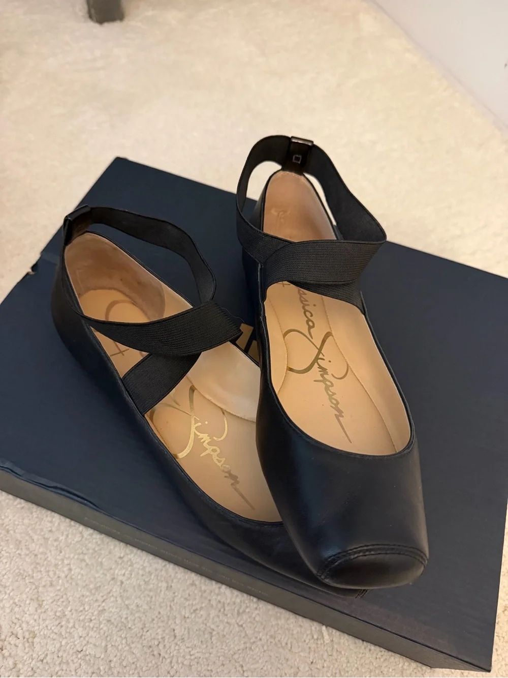 Jessica Simpson Black Leather Ankle-Strap Ballet Flats